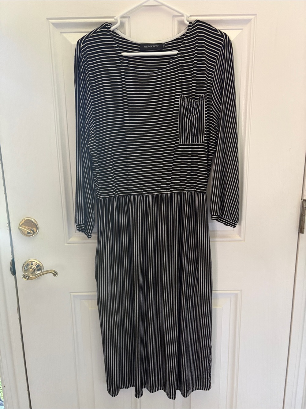 Black and White Striped 3/4 length Sleeve Midi Dress